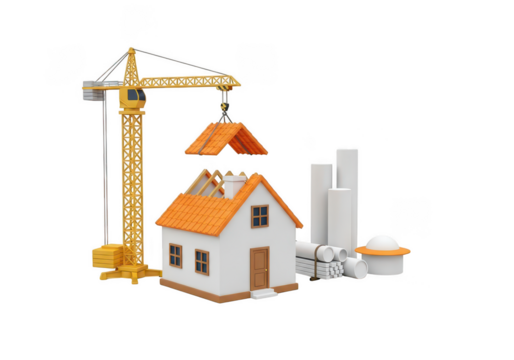 3d house construction with crane isolated on transparent background