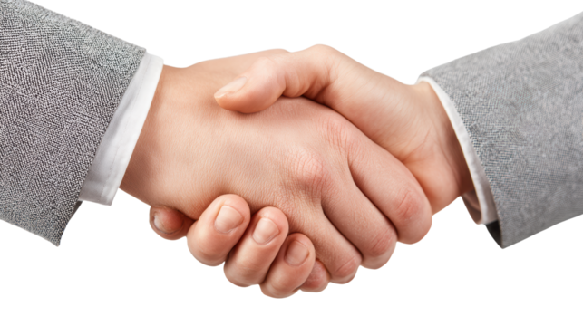 Two hands shaking in a professional agreement, isolated on a white background.
