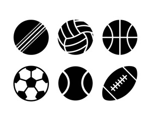 Six diverse sports balls vector graphic collection scalable black and white illustration vector