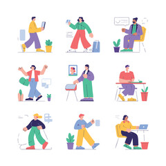 Fototapeta premium Diverse group of people in casual clothing engaged in various activities like working on laptops, talking on phones, and carrying bags, isolated on white background technology background