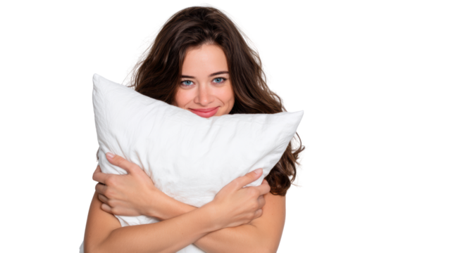 Woman smiling and hugging a soft pillow, expressing comfort and relaxation.