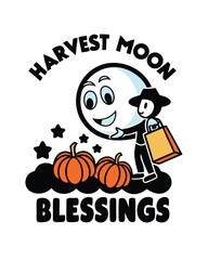 Harvest Moon Blessings Vector Illustration with Moon Character and Pumpkins
