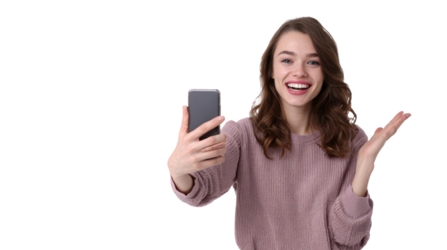 Young woman smiling while taking a selfie with her smartphone, isolated on white background.