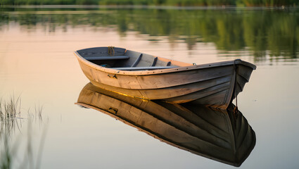 Fototapeta premium Serene wooden rowboat floating on calm water reflecting golden sunset sky