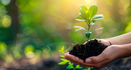 Hand holding tree growing in soil green background