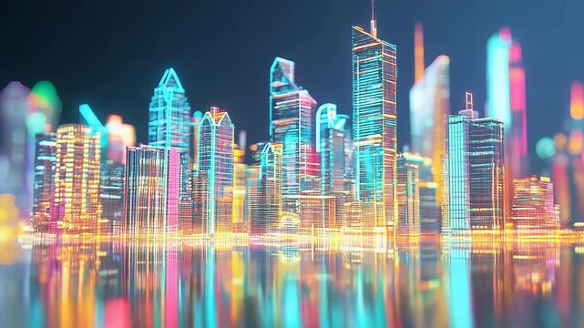 Futuristic neon cityscape reflecting on water at night - Powered by Adobe