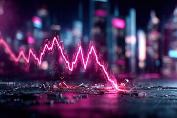 A vibrant digital scene featuring a pink waveform over a circuit board, symbolizing technology and data trends amidst a futuristic city backdrop.