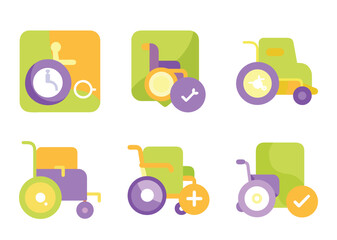 Set of stylized wheelchair icons in various states of repair and readiness