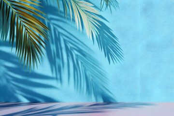 Vibrant palm leaves casting beautiful shadows on a vivid blue wall, creating a tranquil tropical vibe perfect for summer.