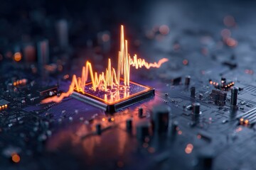 A vibrant digital circuit board with a glowing waveform, representing data processing and technology.