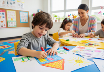 Fototapeta premium Preschoolers drawing with crayons