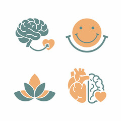 Mind, body, and heart connection:  icons depicting happiness, brain, heart, and lotus flower.