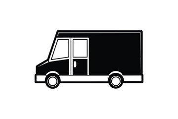 A black and white illustration of a moving truck with two doors and windows silhouette