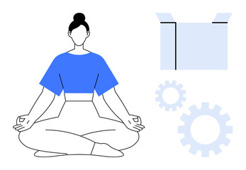 Woman meditating in lotus pose, accompanied by gears and an open box design. Ideal for mindfulness, problem-solving, self-care, innovation, process management, creative thinking, simple flat metaphor