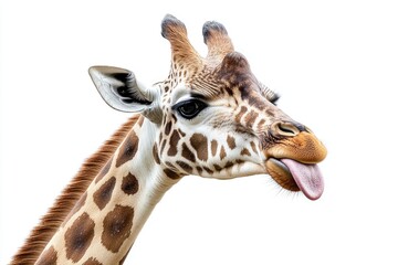 Fototapeta premium Close-up of a giraffe's head and neck, tongue out (2)