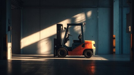 Industrial Forklift in Warehouse with Dramatic Lighting and Shadows