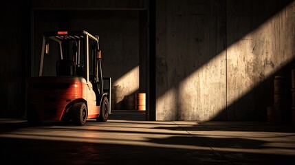 Industrial Forklift in Warehouse with Dramatic Light and Shadows