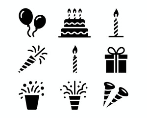 Black and white birthday party celebration icons vector set scalable festive elements vector