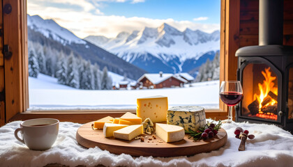 Wooden Board of Cheese Selection Winter Mountain View