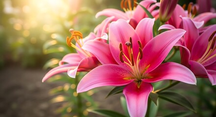 Fototapeta premium Vibrant Pink Lily Flowers Blooming in Golden Sunlight Outdoors