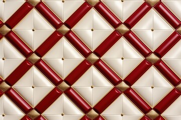 A luxurious diamond tufted upholstery pattern featuring glossy red and matte white leather squares, accented by rows of polished golden studs.