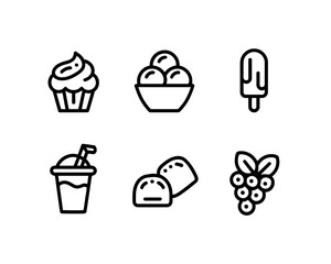 Set of six black and white line art icons representing delicious desserts and treats scalable vector graphics vector