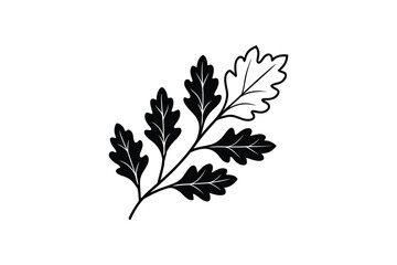 a black and white illustration of an oak leaf branch with multiple leaves silhouette