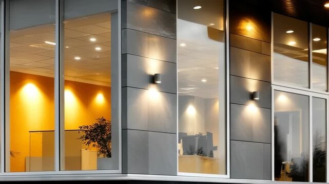 Modern office design featuring large windows and warm lighting creates an inviting work environment in the city