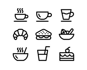 Set of 9 minimalist black line art icons representing food and drinks for easy use vector