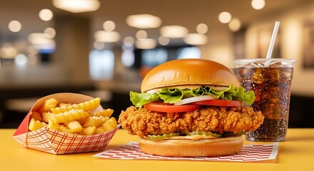 Delicious crispy fried chicken burger with fries and soda drink