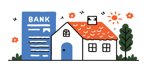 A charming illustration depicting a house next to a bank statement, conveying concepts of financial security and home ownership.