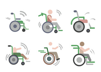 Stylized illustrations of people using wheelchairs, a depiction of mobility aids