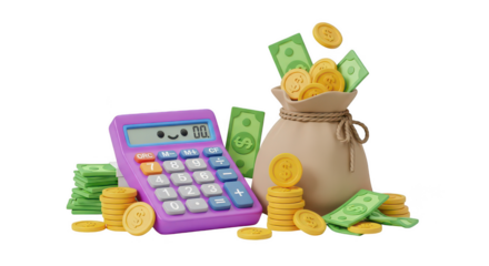 3d calculator with money and bag isolated on transparent background