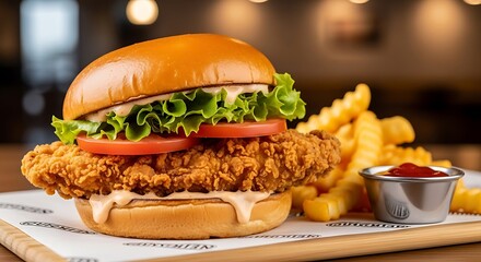 Delicious crispy fried chicken burger with french fries and ketchup