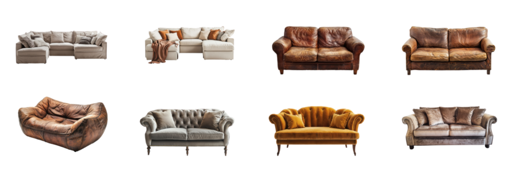 Collection of spacious sectional sofa perfect for family movie nights. full length isolate on transparent background