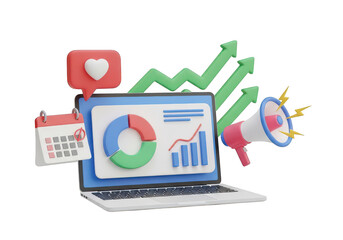 3d laptop with marketing elements isolated on transparent background