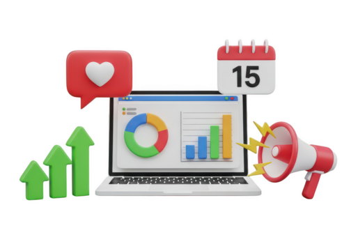 3d laptop with charts and megaphone isolated on transparent background