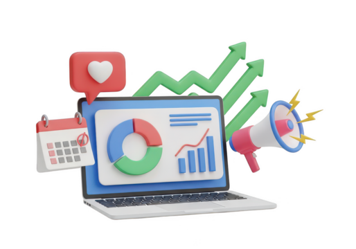 3d laptop with marketing elements isolated on transparent background - Powered by Adobe