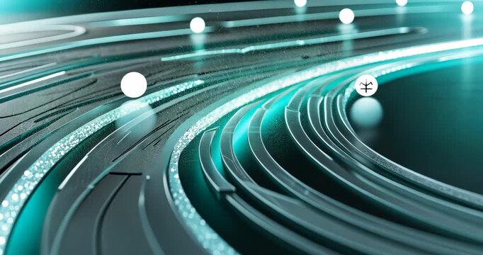 At animation start sphere and yuan sphere rolling on circuit board rails scattering particles
