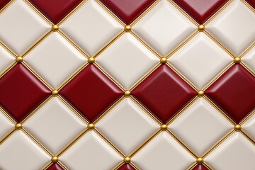  A close-up view of a rich, tufted pattern with alternating glossy red and smooth white leather diamonds, highlighted by intricate golden studs.