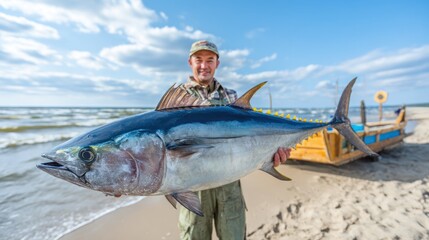 Man holding large tuna fish on beach