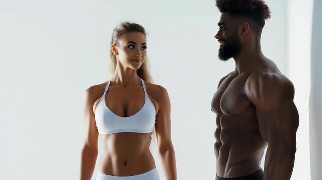 Fit couple engages in motivational exercise routine with dynamic energy and smiles