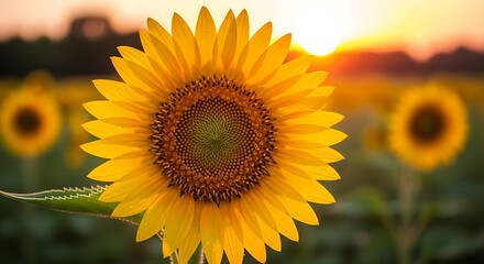 Obraz premium Golden sunflower field at sunset with soft bokeh and warm sunlight rays