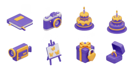 3d purple and yellow object icons isolated on transparent background