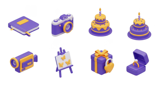 3d purple and yellow object icons isolated on transparent background