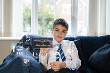 Student using futuristic AI-based personalized and adaptive learning technology.Concept EdTech Startup,Smart education,innovation,online study,digital learning,future skills,Lifelong Learning