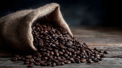 Fototapeta na wymiar Roasted coffee beans spilling from a burlap sack onto a rustic wooden table illuminated by warm natural light creating an inviting and earthy