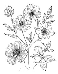 Delicate line drawing of a floral arrangement, showcasing detailed blossoms and leaves in elegant monochrome.