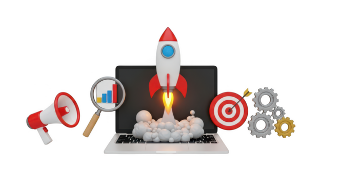 3d rocket launching from the laptop isolated on transparent background