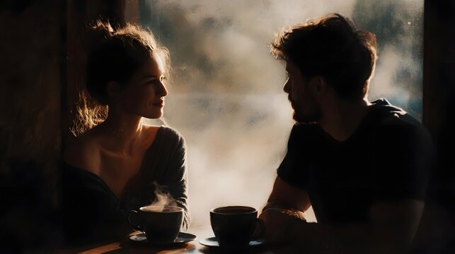 A couple shares an intimate moment over steaming coffee cups in a warm sunlit cafe engaged in relaxed conversation